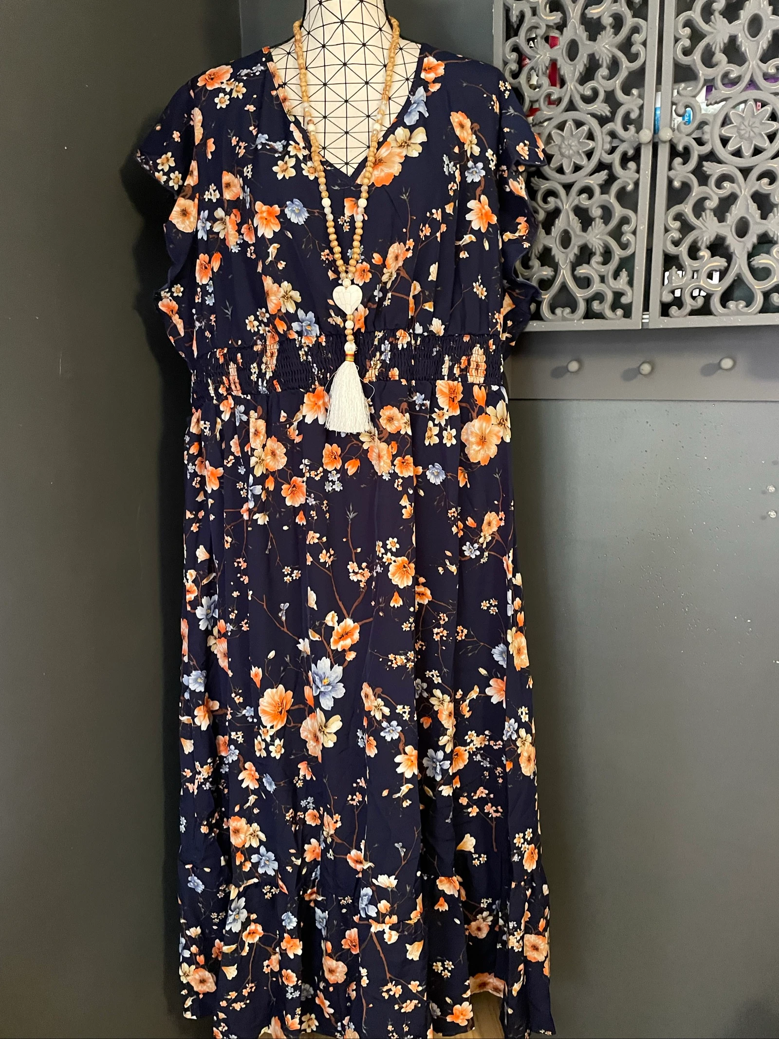 💖 lange marineblauwe bloemenjurk grote maat 54 vloeiende bohemien chic romantisch 💖 – photo 8